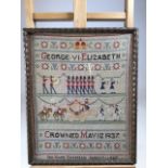 A commemorative sampler dating from 1937 George V1 and Elizabeth coronationW:32cm x H:39cm