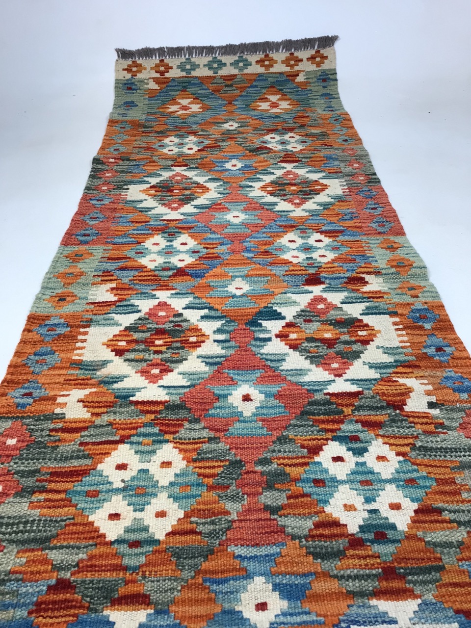 A Chobi Kilim Runner - burnt orange and blue W:59cm x H:197cm - Image 2 of 4