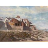 J Woolner 85 pastel on paper. Pebbled beach scene. W:44cm x H:2cm