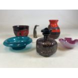 A mixed retro 20th century lot to include a fat Lava vase two west German vases, Murano etc. (6)