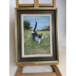 Oil on board of Sybil the cat by Phyllis Weare entitled exploring the meadow.Canvas size W:21cm