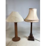 Two wooden table lamps with shades. Tallest 62cm to top of shade