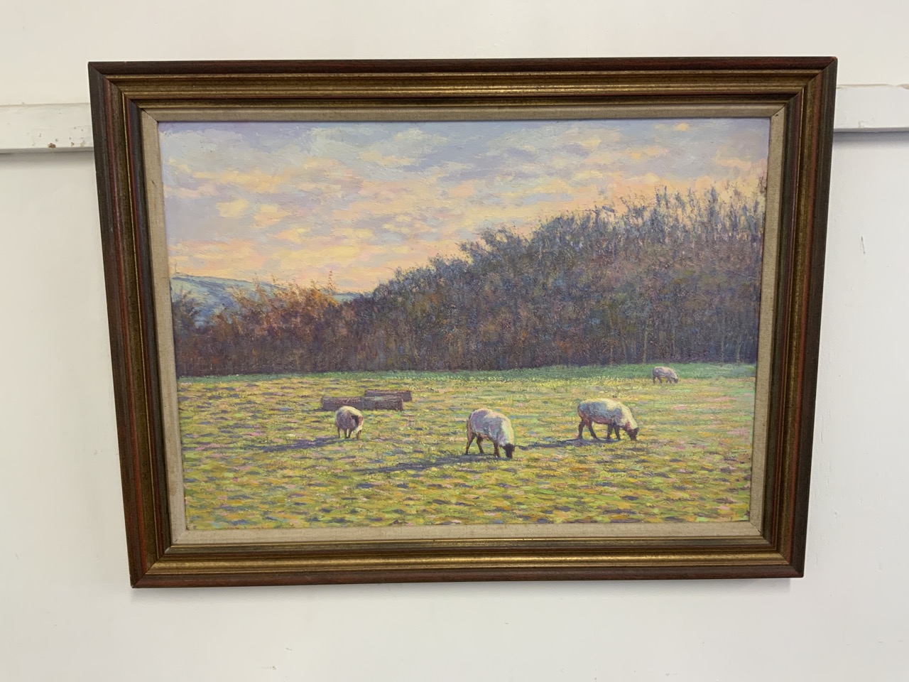 A 20th century oil on board in. Gilt frame and mount. Sheep and an avenging sunset. Unsigned.W: - Image 4 of 4