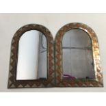 A near pair of hand beaten arts and crafts style copper brass and silvered mirrors. W:29cm x H: