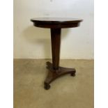 A mahogany tri pod table on hexagonal base.W:52cm x D:52cm x H:72cm