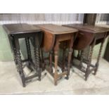 Three early 20th century country oak drop flap tables. Unextended approximately W:30cm x D:60cm x