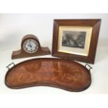 An inlaid kidney shaped Edwardian wooden tray with brass handles together with a print of Rent Day