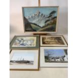 Original artwork, oil on canvas signed Muller also with four other artworks, watercolour, pastel and