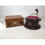 An unusual vintage circular HMV gramophone together with an ITEK record player and radio. No horn on
