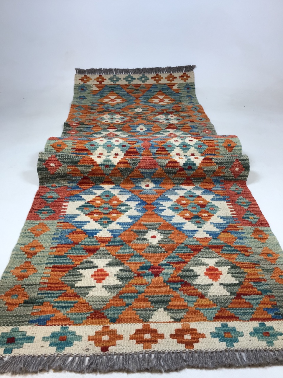 A Chobi Kilim Runner - burnt orange and blue W:59cm x H:197cm - Image 3 of 4