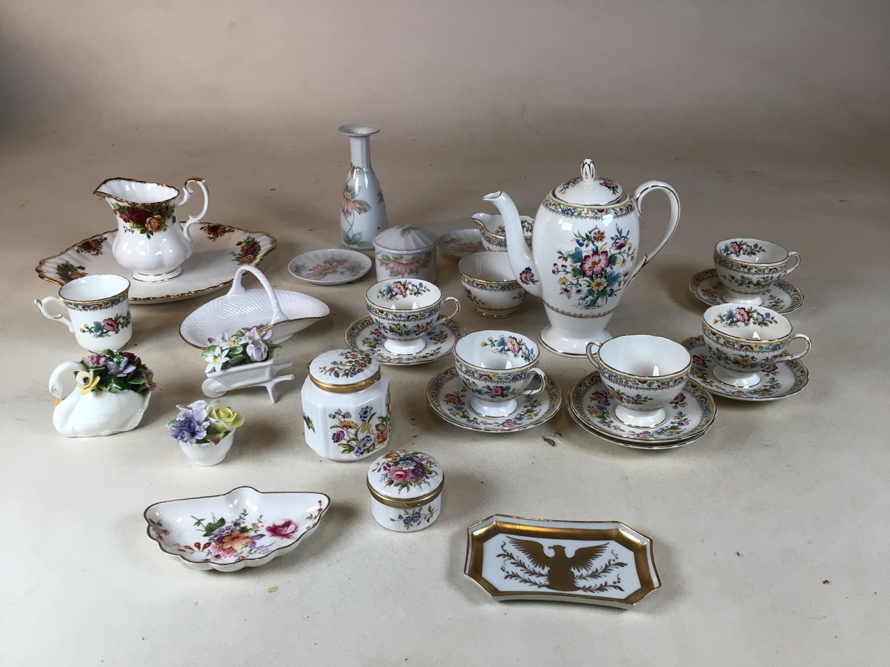 A Foley China Ming Rose Coffee service together with other collectibles including Crown Derby,