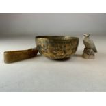 Eastern items, 19th century hand made brass bowl embossed with elephants and trees, a marble bird of