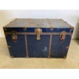 A metal bound trunk and contents. Contents include Imari bowl and ceramics, binoculars etc. W:87cm