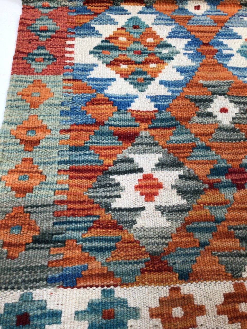 A Chobi Kilim Runner - burnt orange and blue W:59cm x H:197cm - Image 4 of 4