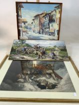 Three prints, Edwin landseer, George Hann and a 20th century coloured print. Landseer W:80cm x H:
