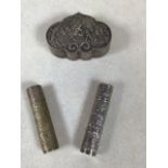 A Chinese silver pill box together with two swings metal toothpick holders W:6cm x D:4.5cm x H:2.