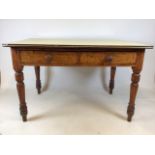 A Victorian pine kitchen table with two side drawers and turned legs, with vintage Formica top.