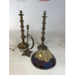 Three brass lamp bases together with a Tiffany style shade (slight damage to one side)H:55cm