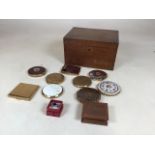 A collection of powder compacts - some Stratton - together with an oak box and one other