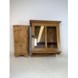 An antique pine glazed spice cupboard also with a small pine cupboard. W:47cm x D:29cm x H:60cm