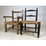 A 19th century rush seat country childs chair and another. W:40cm x D:30cm x H:60cm