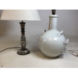 A pair of lamp bases one, a mid century ceramic base together with a painted wooden base H:44cm