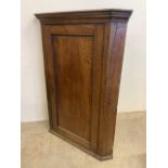 A 19th century mahogany corner cupboard, interior with three green painted shaped shelves. W: