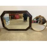 An oak framed octagonal mirror with details also with a modern gilt circular mirror. W:86cm x H: