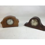 A pair of 8 day wooden mantle clock both with inlaid decoration. Height approx 15 cm. untested.