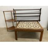 A G Plan tiled top table label verso an Ercol plate rack also with a three tier corner what not.