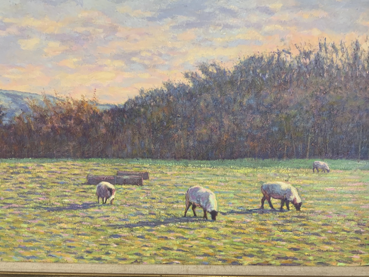 A 20th century oil on board in. Gilt frame and mount. Sheep and an avenging sunset. Unsigned.W: - Image 2 of 4