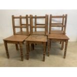 A set of six pitch pine chairs with detail legs and fret carved fronts.Seat height H:45cm
