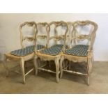 A Set of six french style painted chairs with wicker seats. Seat height H:46cm