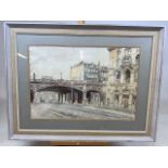 JOHN LINFIELD (B.1930) large watercolour and pen drawing of Holborn viaduct. With info attached