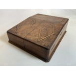 A burr walnut inlaid cutlery box with period material lining throughout.W:30cm x D:38cm x H:12cm
