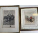 Two military prints. Black and white etching signed in pencil.