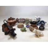 A pottery cow Length 30cm together with a pottery hand painted frog, and other art pottery and