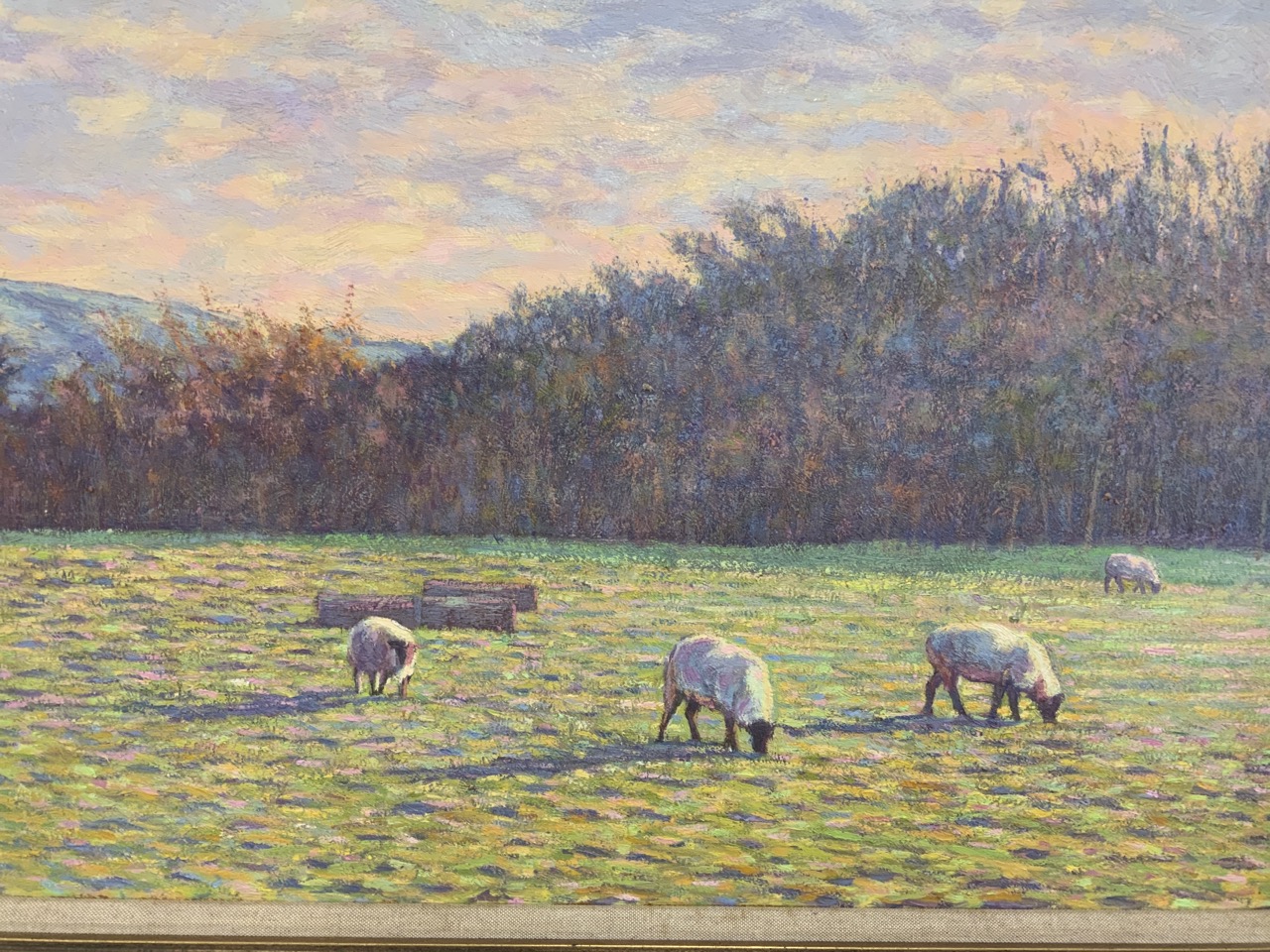 A 20th century oil on board in. Gilt frame and mount. Sheep and an avenging sunset. Unsigned.W: - Image 3 of 4