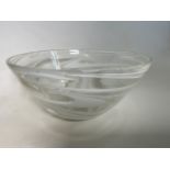 A large studio art glass bowl with opaque white swirls. W:28cm x D:28cm x H:15cm