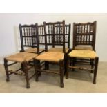 A set of six 18th century country oak rush seated dining chairs.Seat height H:43cm