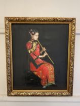 An oil painting of a Chinese woman playing the flute, original oil painting on canvas in modern gilt