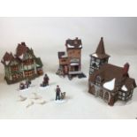Heritage Village Collection - three Dickens Village series ceramic buildings: Great Denton Mill,