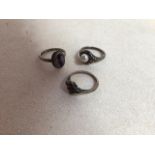 Three vintage silver rings including a marcasite ring