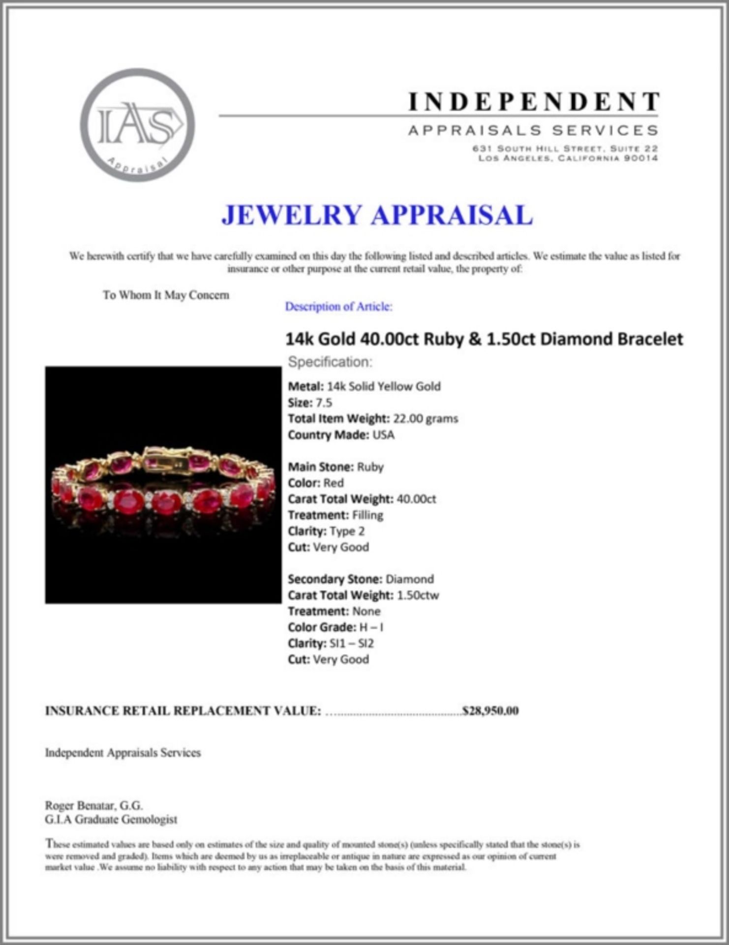 14k Gold 40.00ct Ruby & 1.50ct Diamond Bracelet - Image 3 of 3