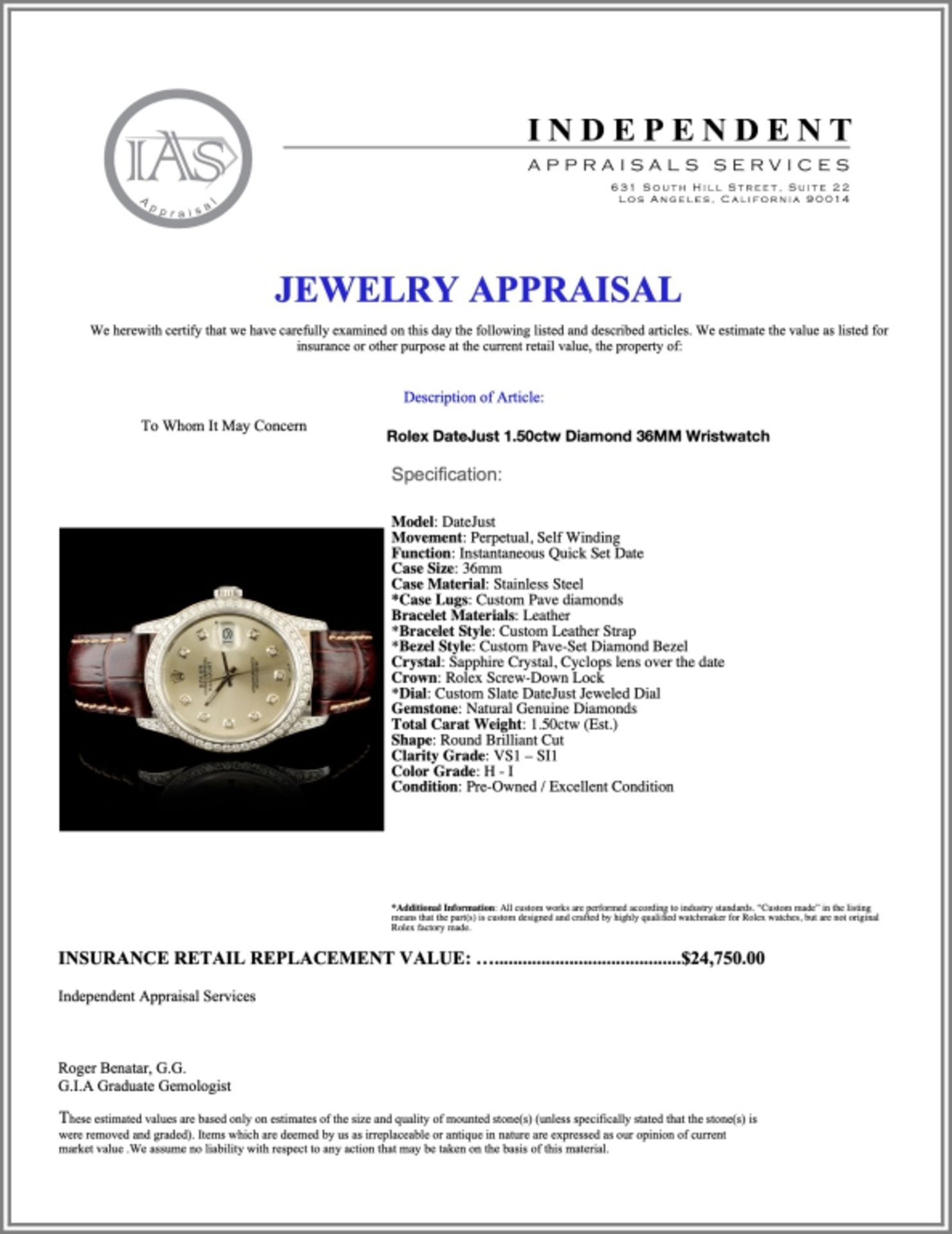 Rolex DateJust 1.50ctw Diamond 36MM Wristwatch - Image 7 of 7