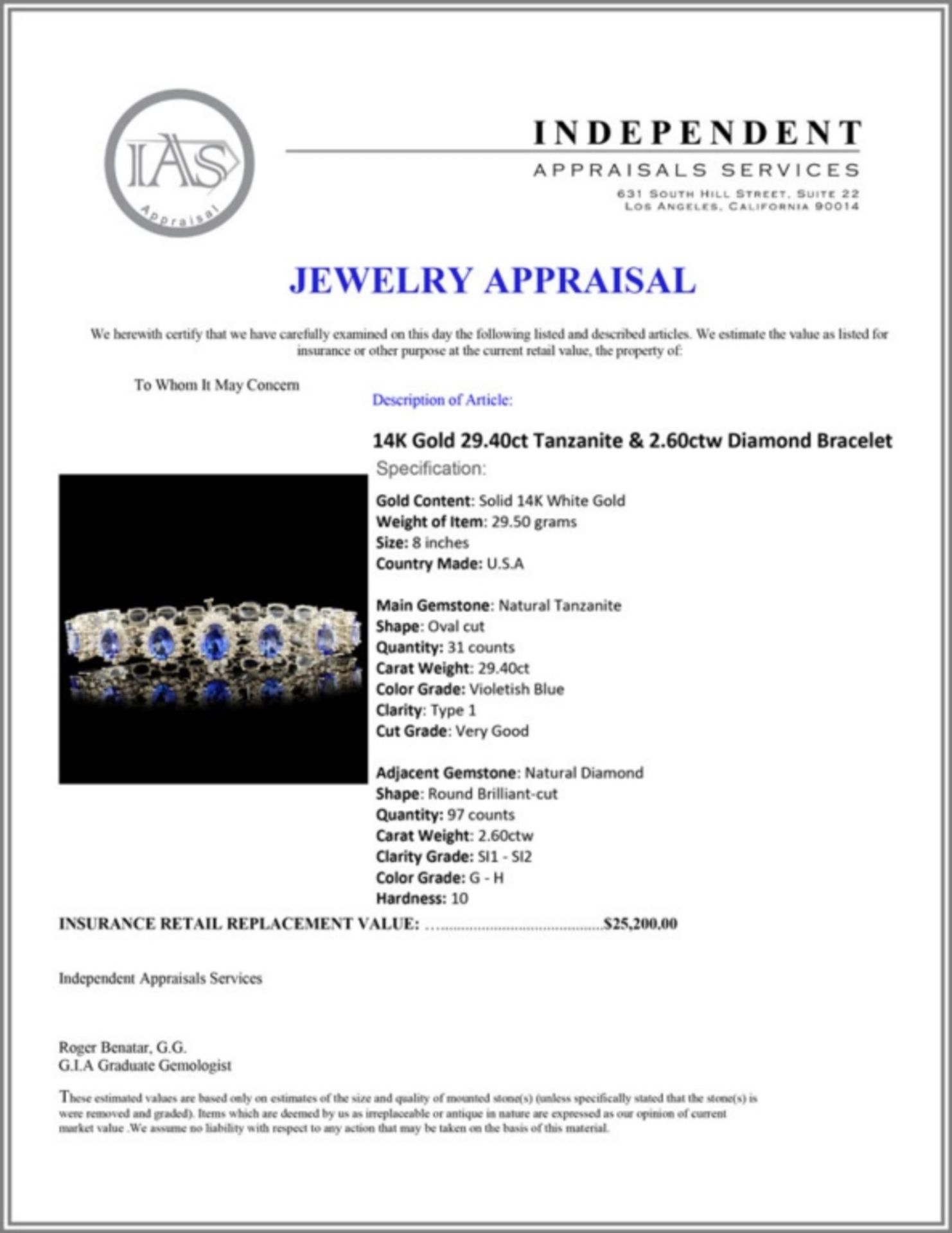 14K Gold 29.40ct Tanzanite & 2.60ctw Diamond Brace - Image 4 of 4
