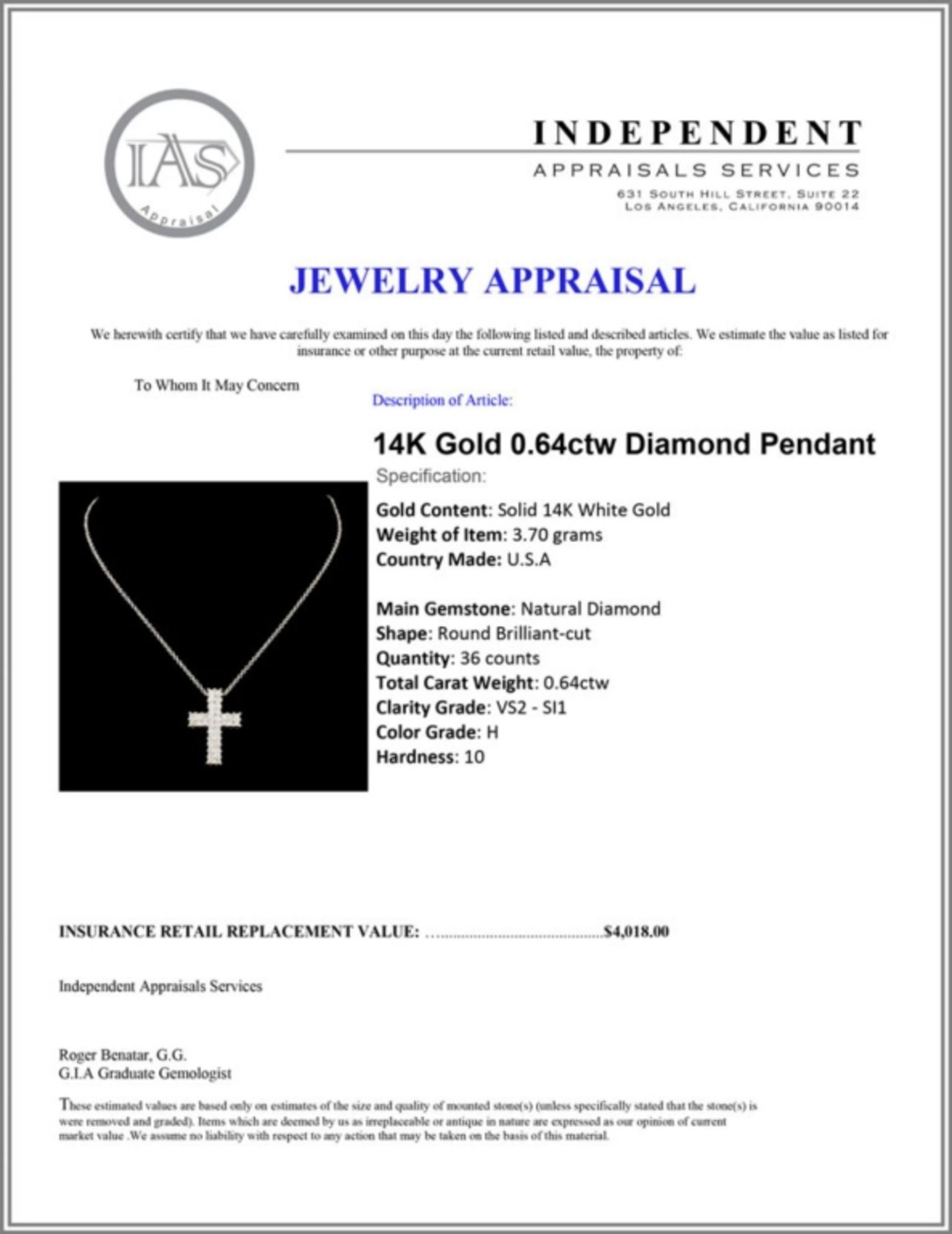 14K Gold 0.64ctw Diamond Pendant - Image 4 of 4