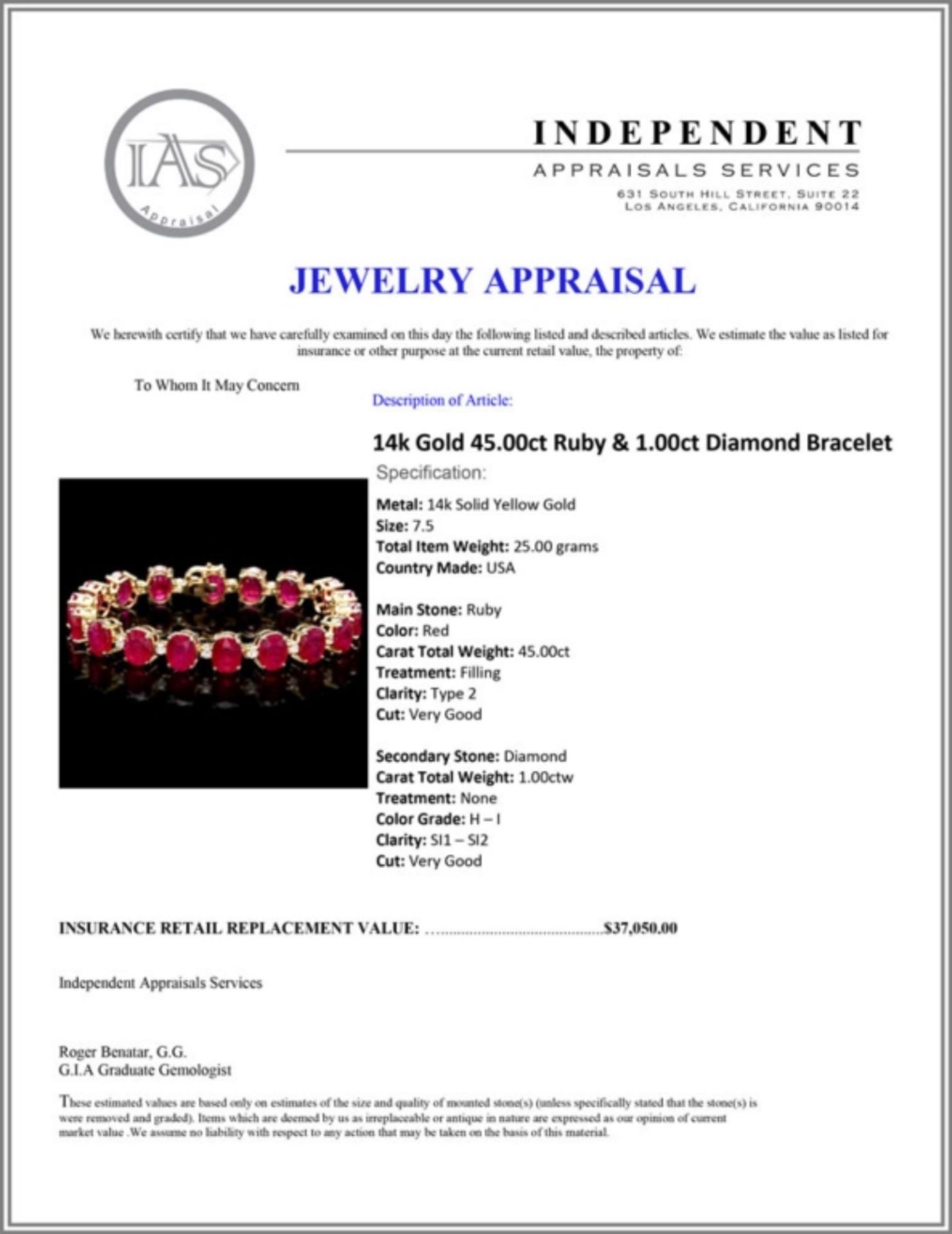 14k Gold 45.00ct Ruby & 1.00ct Diamond Bracelet - Image 4 of 4
