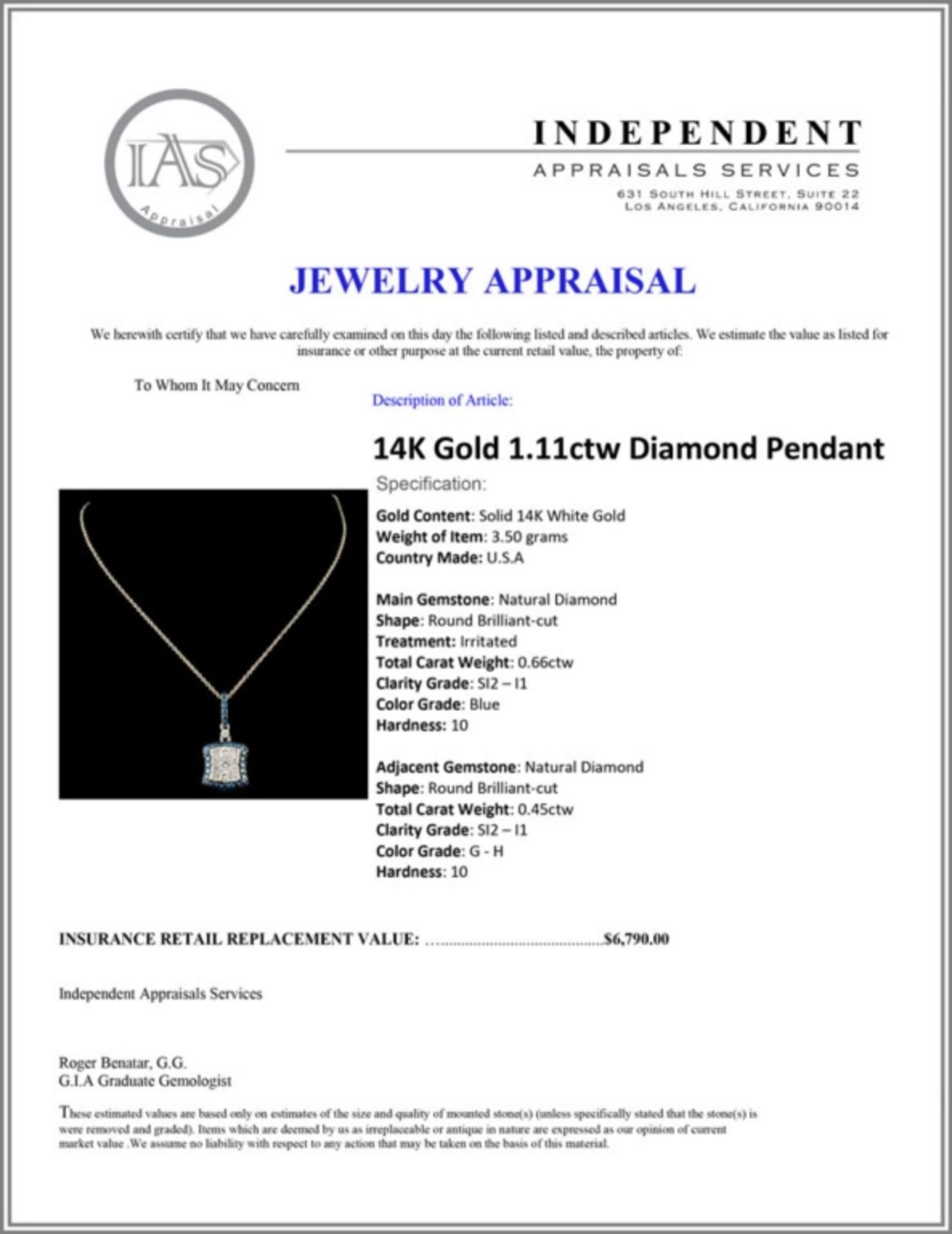 14K Gold 1.11ctw Diamond Pendant - Image 4 of 4