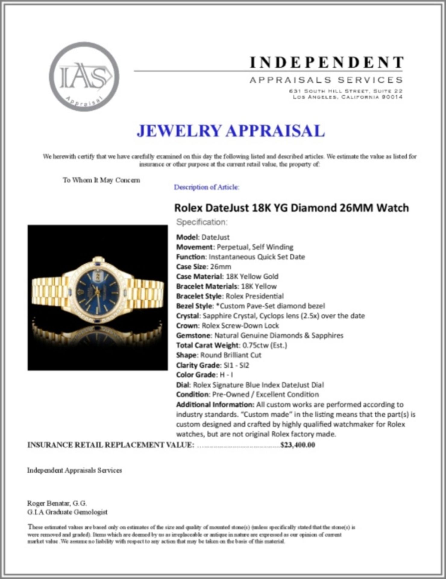 Rolex DateJust 18K YG Diamond 26MM Watch - Image 6 of 6